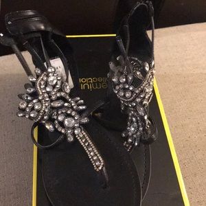 NWT black sparkly flat sandals. Neiman Marcus